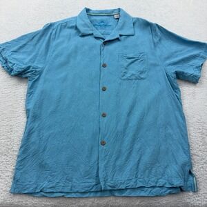 Tommy Bahama Mens Blue Silk Short Sleeve Button Up Shirt Tropical Relaxed Fit L